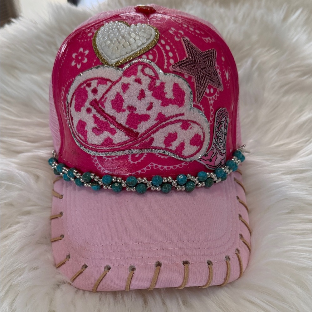 Kids' Pink Embellished Cap with Beaded Trim